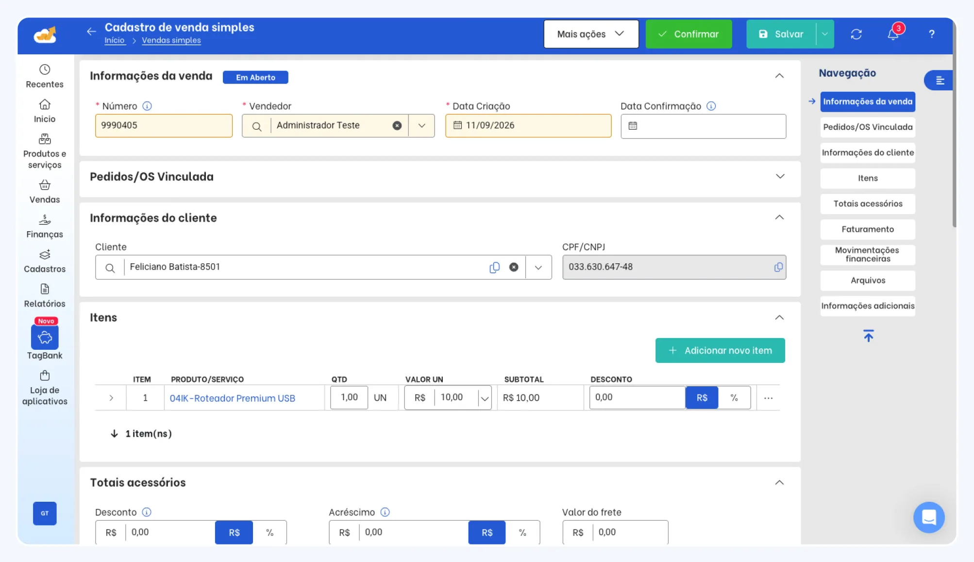 TagPlus simple sale registration screen
