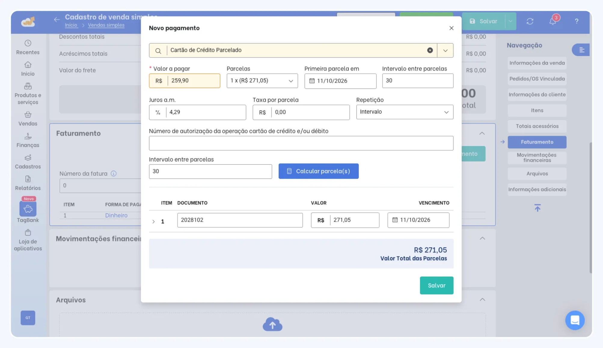TagPlus billing and installments screen