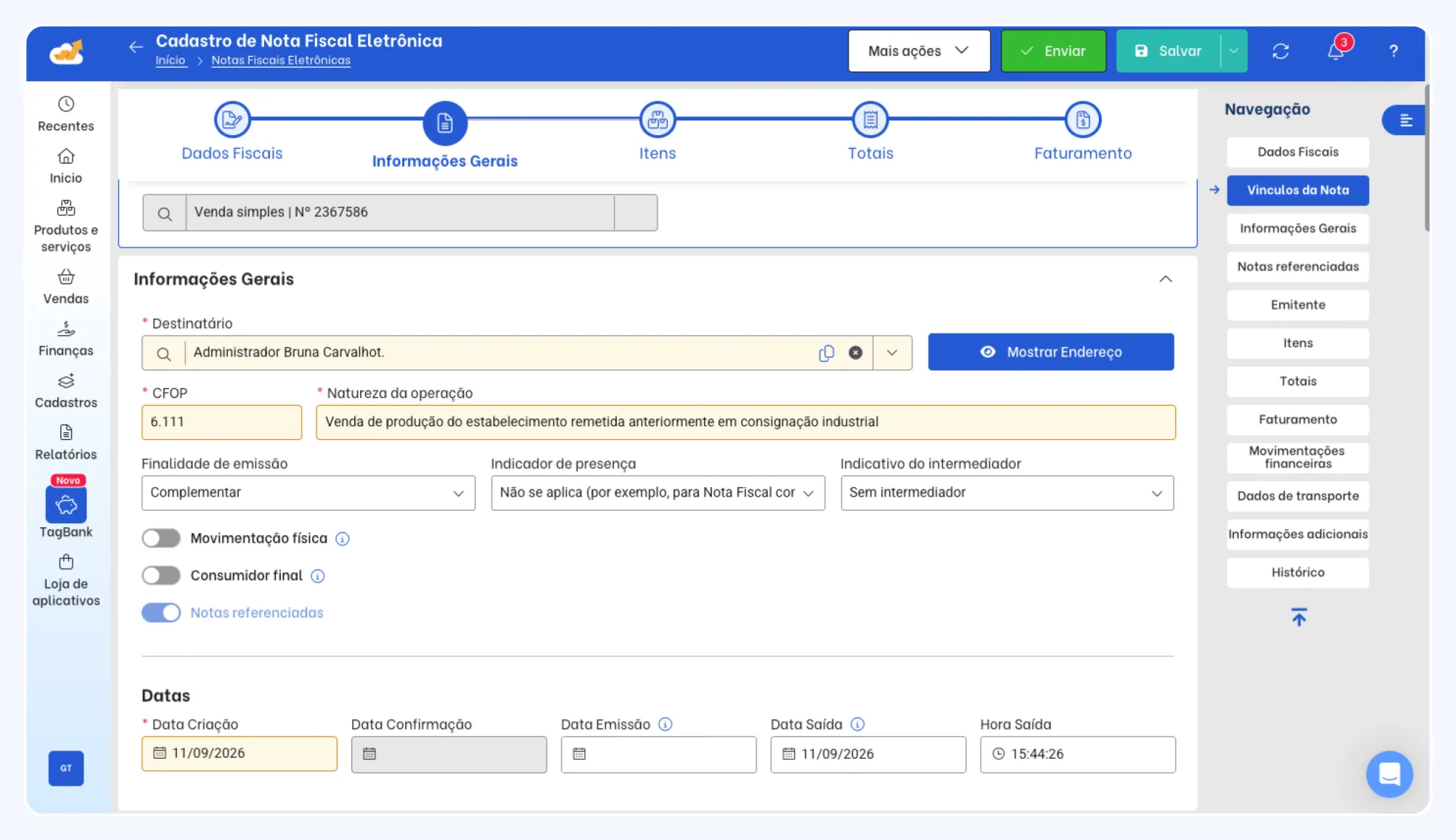 TagPlus e-invoice screen
