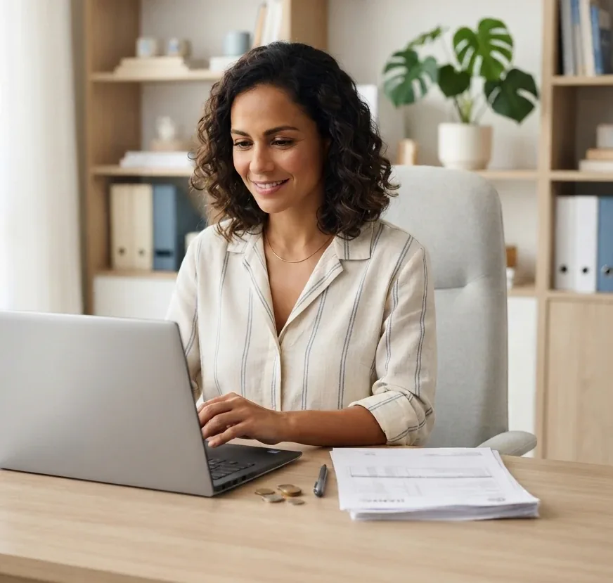 Empreendedora sorridente usando o notebook para o controle financeiro da empresa