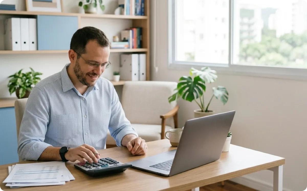 Smiling consultant using a calculator next to a laptop, checking commission amounts