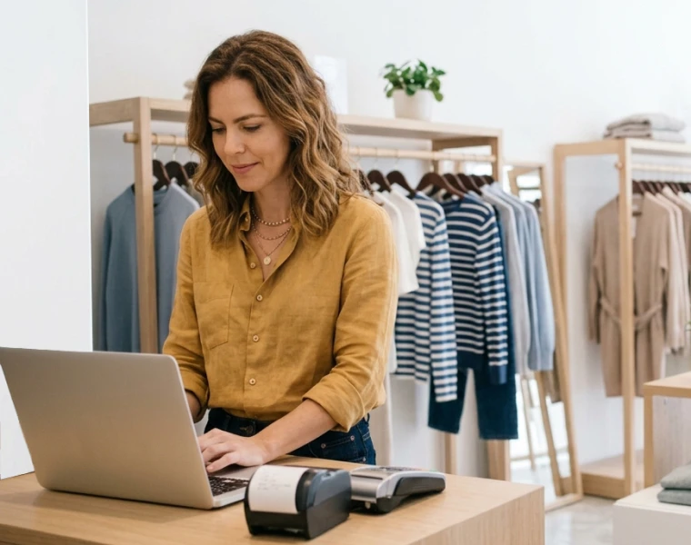 Clothing store owner using TagPlus on a laptop