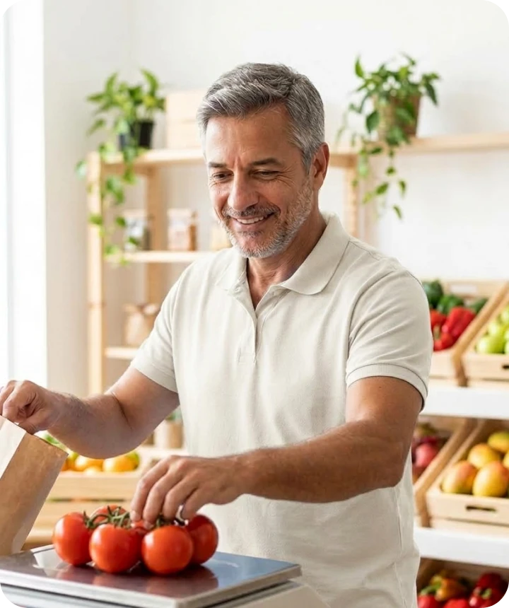 Shopkeeper checking tomatoes on a scale among crates of fruit and vegetables