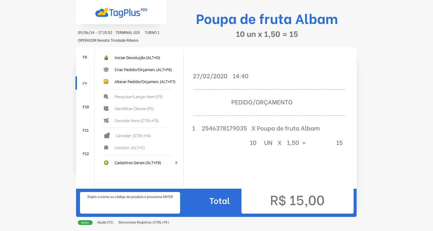 TagPlus Point of Sale (POS) screen