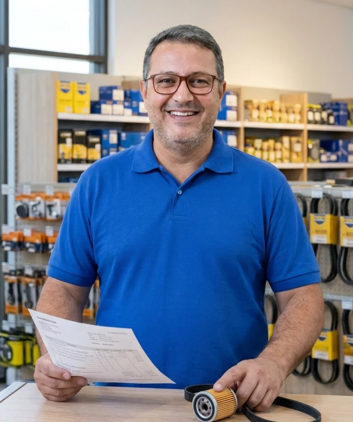 Salesman checking an auto part at the store counter
