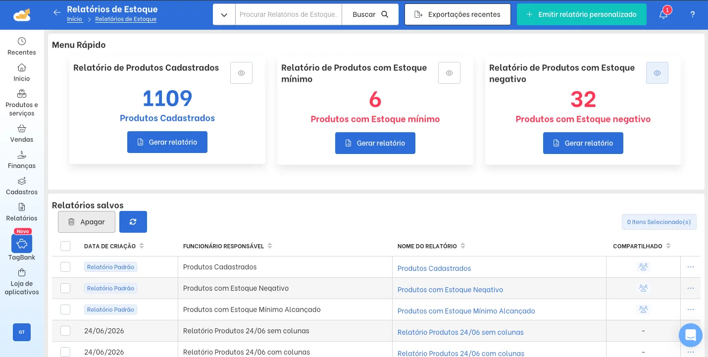 TagPlus Inventory Reports screen