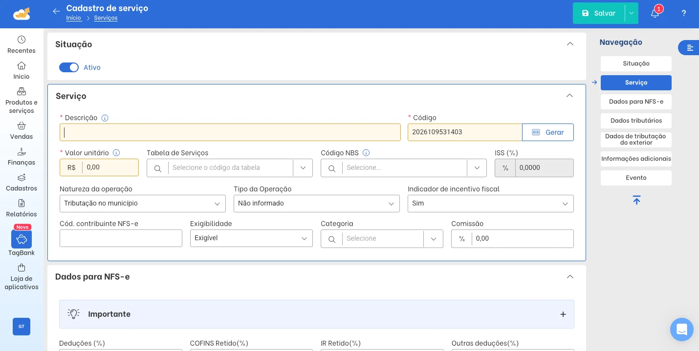 TagPlus Service Registration screen