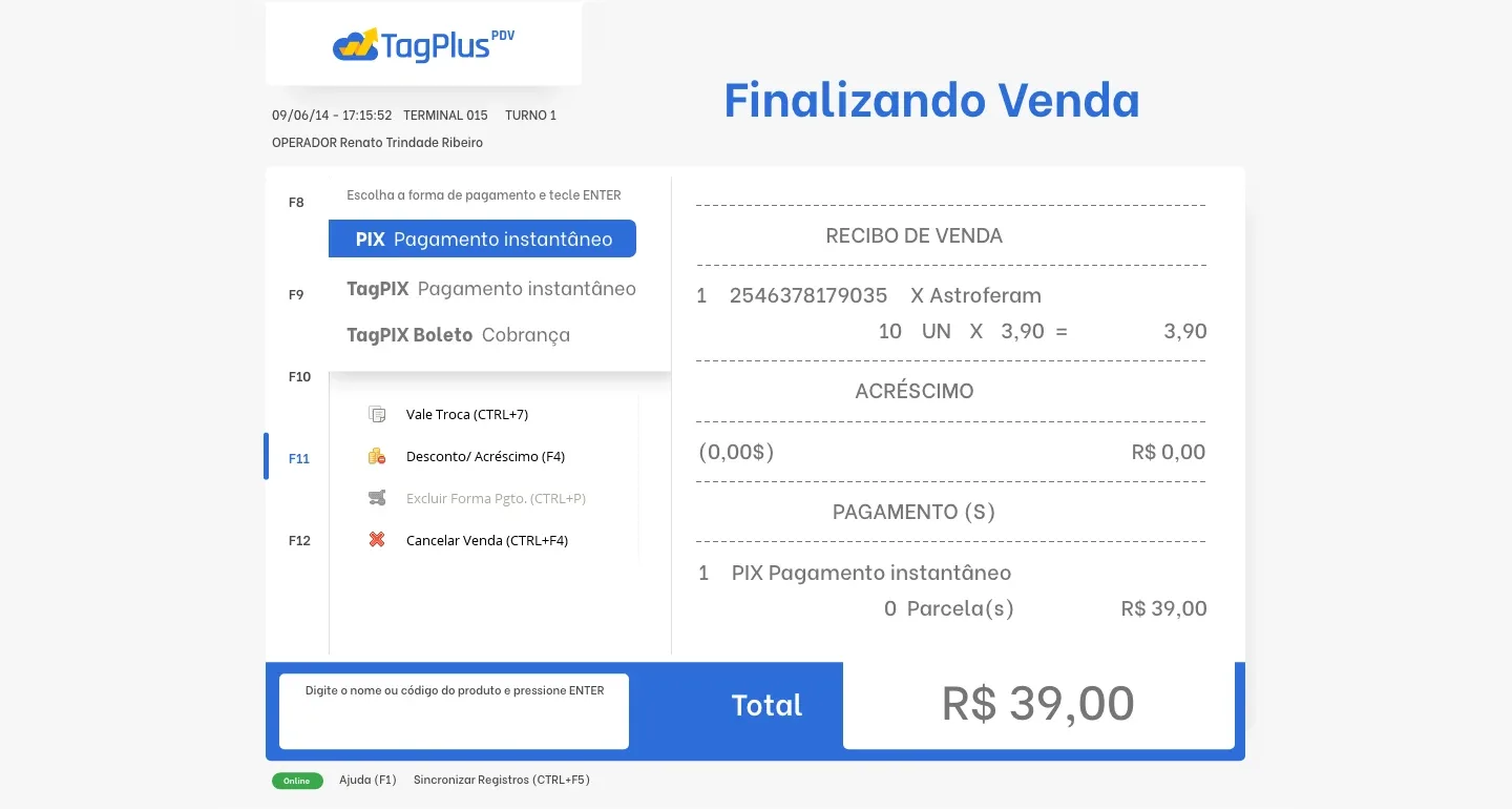 TagPlus POS screen completing a sale paid by PIX